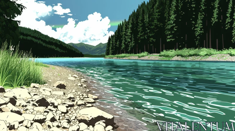 Serene Mountain Valley River Landscape AI Image