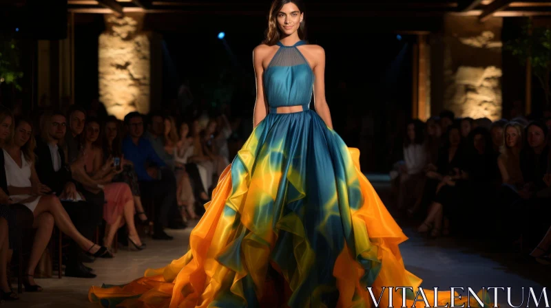 AI ART Stunning Blue and Orange Ombre Gown on Runway