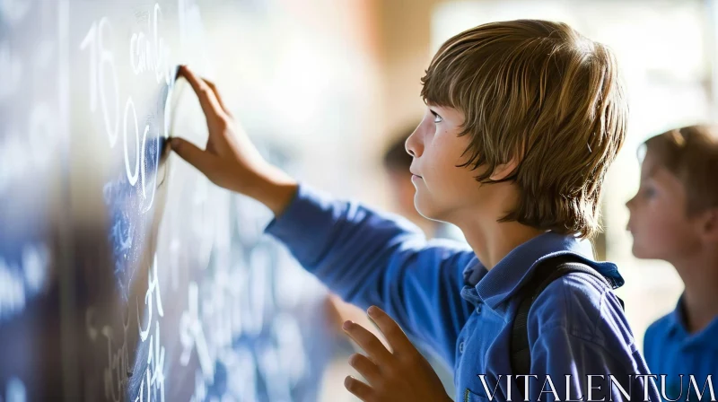 Thoughtful Schoolboy Solving Math Problem on Blackboard - Captivating Educational Image AI Image