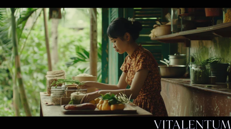 AI ART Traditional Vietnamese Dress: Cooking in a Rustic Kitchen