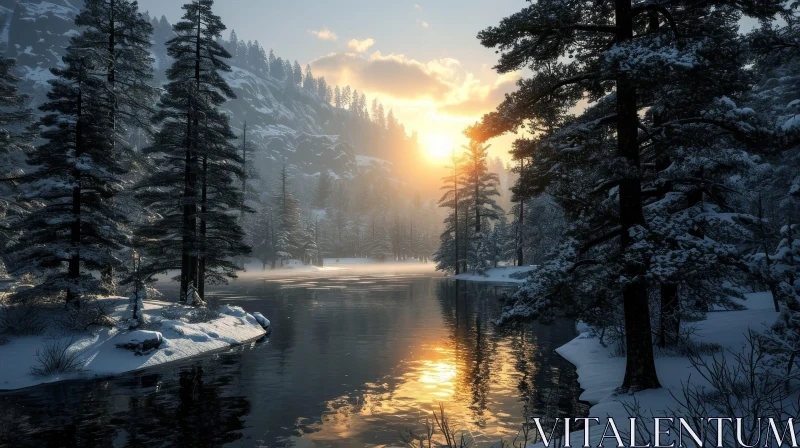 Tranquil Winter Landscape at Sunset AI Image