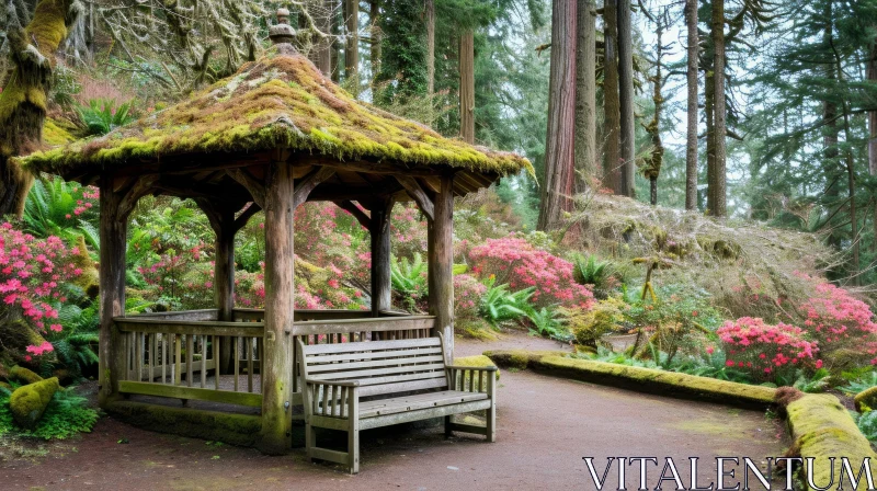 Tranquil Wooden Gazebo in a Lush Garden - Nature Photography AI Image