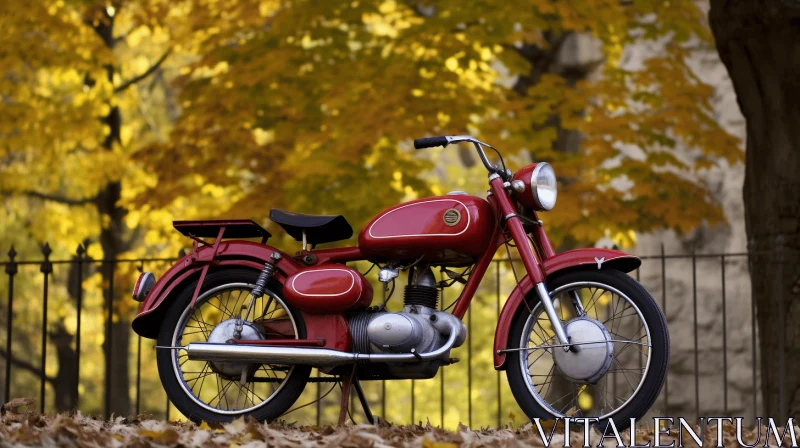 Vintage Red Motorcycle Parked in Autumn | Exuding Classical Elegance AI Image
