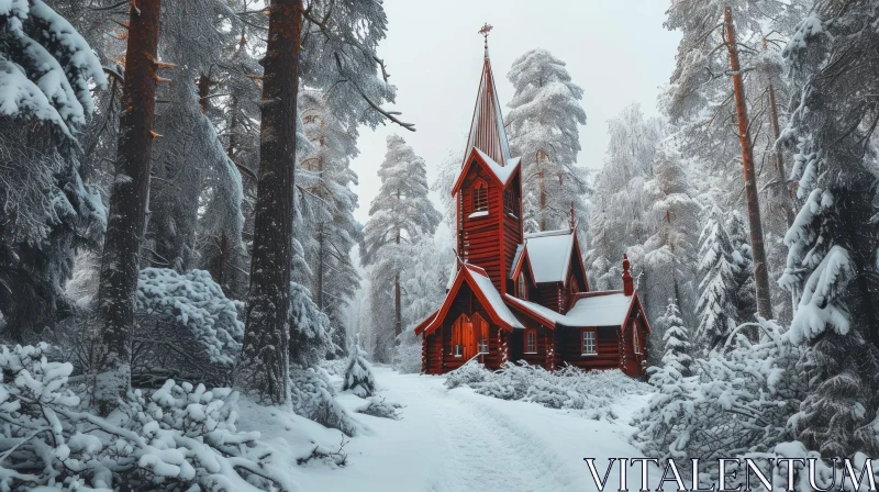 Winter Landscape: Serene Small Church in Snowy Forest AI Image