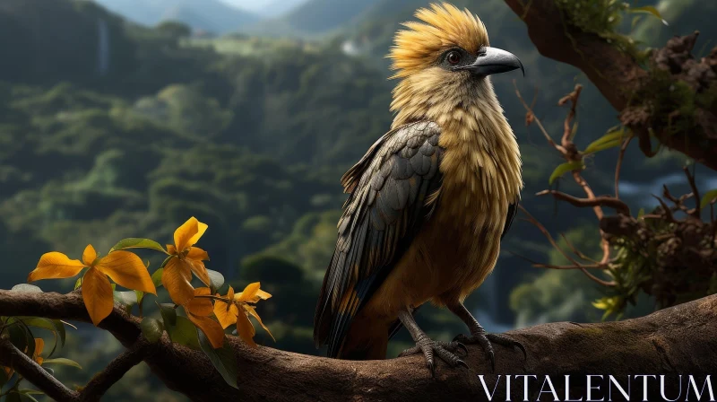 Yellow-Feathered Bird on Branch in Jungle with Mountains AI Image
