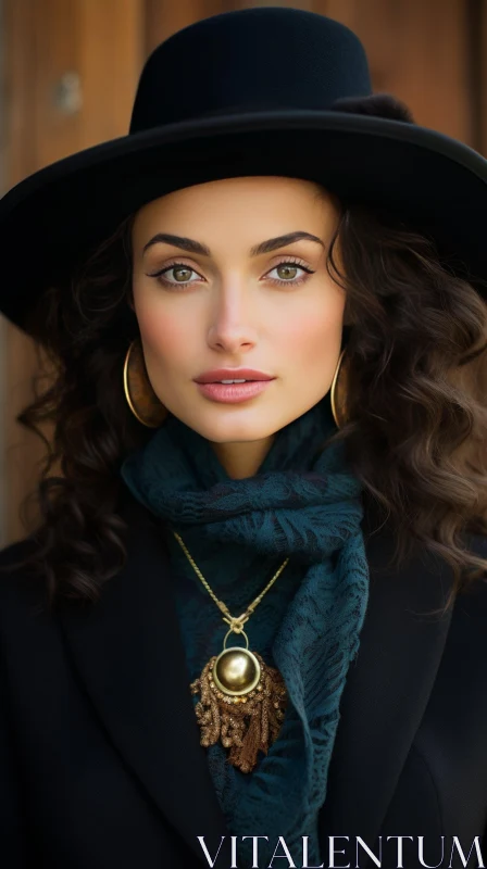 Young Woman Portrait in Black Hat and Coat AI Image