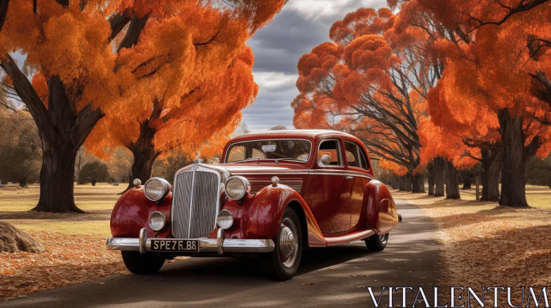 Art Deco Glamour: Old Car and Autumn Tree in Australian Landscape AI Image