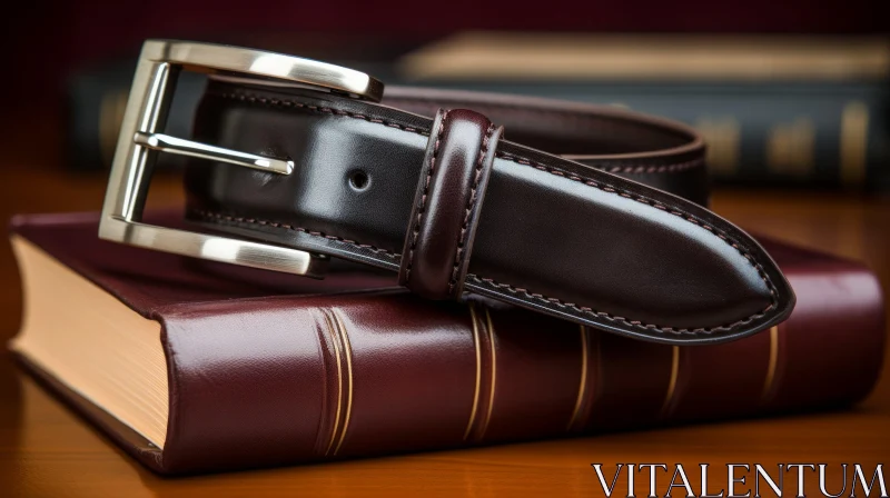 Brown Leather Belt with Silver Buckle on Book AI Image