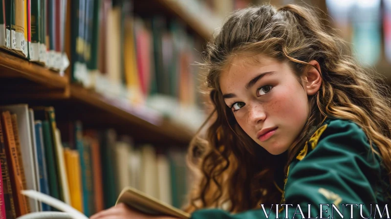 Captivating Teenage Girl in Green Jacket | Library Photo AI Image