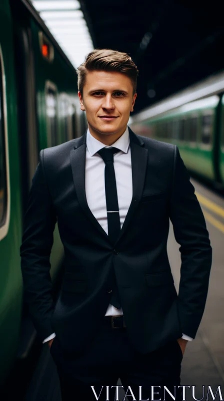 Confident Young Businessman on Train Platform AI Image