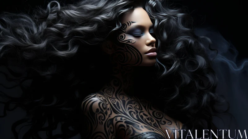 Dark Beauty Portrait of a Woman with Tribal Tattoos AI Image
