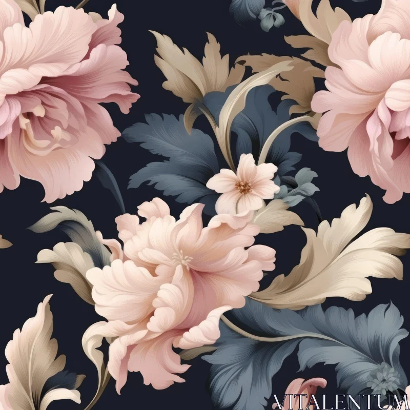 AI ART Dark Blue Floral Pattern with Peony Flowers