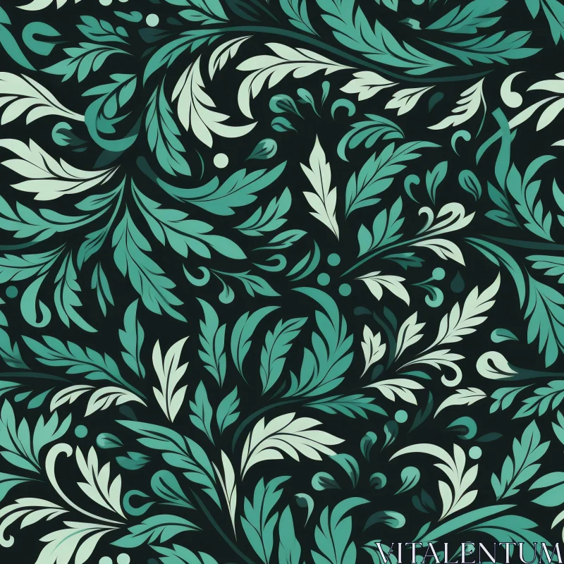Green and Blue Leaves Seamless Pattern on Dark Background AI Image