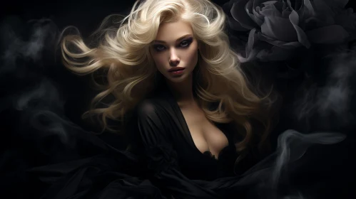 Intense Young Woman in Black Dress Surrounded by Smoke