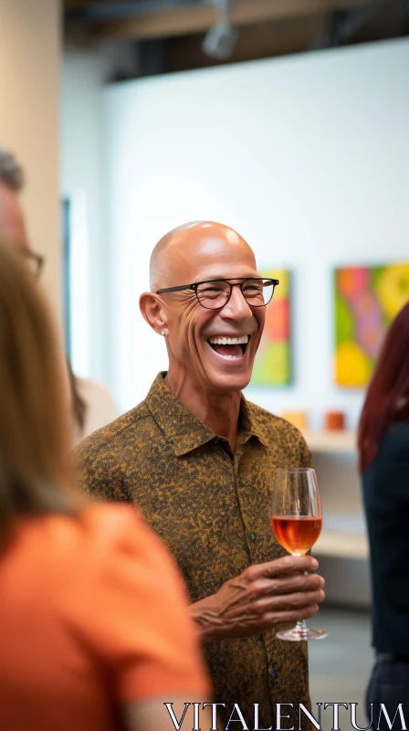 Joyful Man in Art Gallery with Wine AI Image
