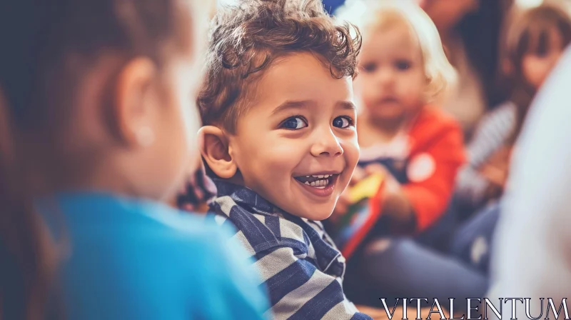 Joyful Preschool Boy Smiling | Blue Eyes | Striped Shirt AI Image