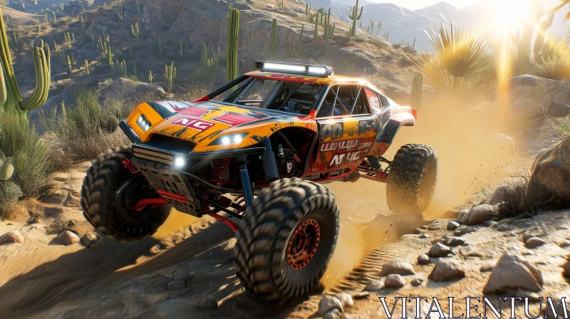 Off-Road Racing Action: Yellow and Orange Race Car in Desert Landscape AI Image