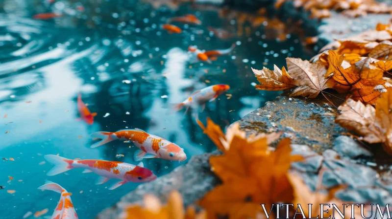 Tranquil Pond with Koi Fish and Fall Leaves AI Image