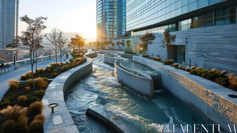 Urban Architecture: Tranquil Water Feature in a Serene Garden AI Image