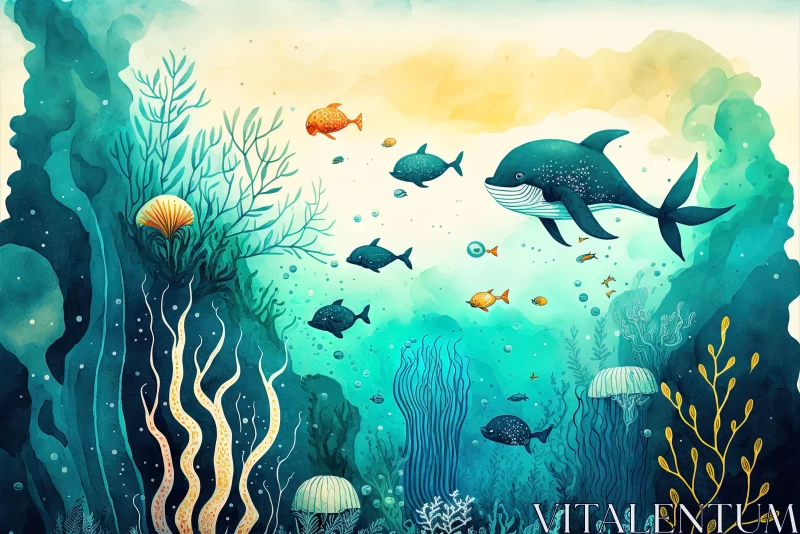 Whales and Fish in the Sea: A Captivating Watercolor Illustration AI Image