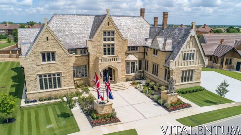 Aerial View of a Majestic English-style Stone House AI Image