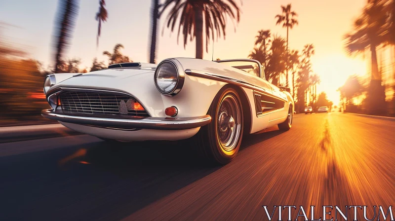 AI ART Classic White Car Driving on Palm-tree Lined Road at Sunset