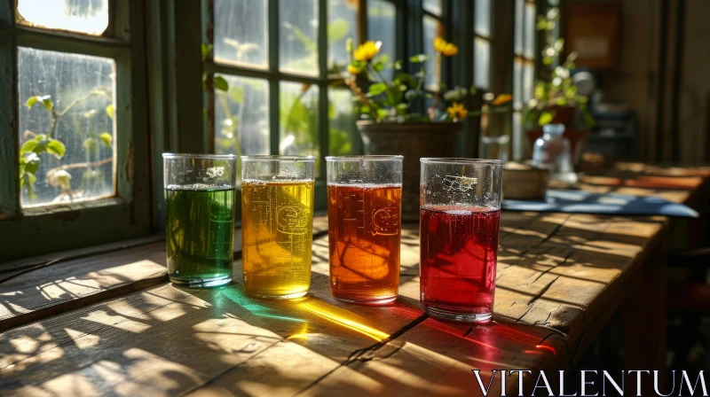 Colorful Glass Beakers on Wooden Table - Abstract Art AI Image