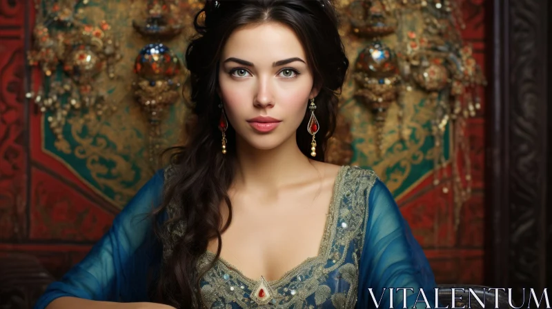 Elegant Woman Portrait in Blue Dress with Oriental Ornaments AI Image