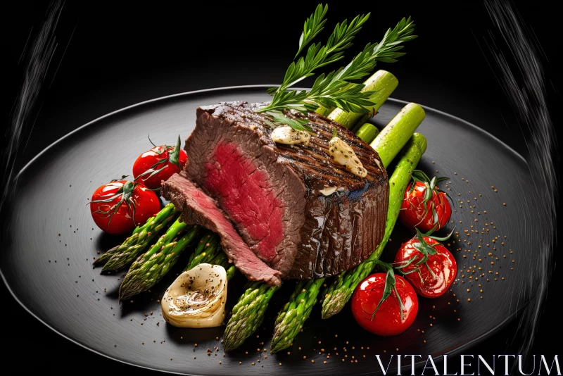 Exquisite Steak and Asparagus Composition on a Black Plate AI Image