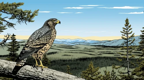 Hawk Illustration on Mountain Landscape