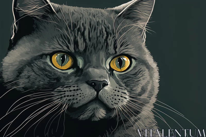 Hyper-Detailed Grey Cat Portrait | Bold Lithographic Illustration AI Image