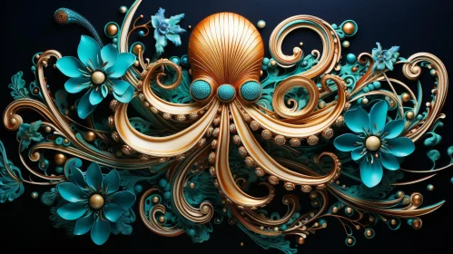 Luxurious Gold and Turquoise Octopus in Nature Wonderland