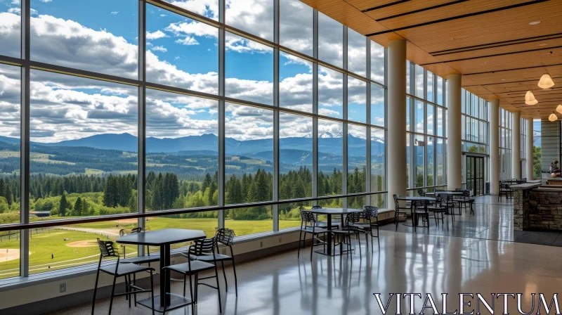 Modern Cafeteria with Stunning Mountain View AI Image