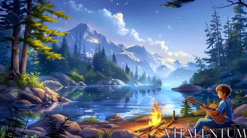Mountain Lake Campfire Serene Landscape AI Image