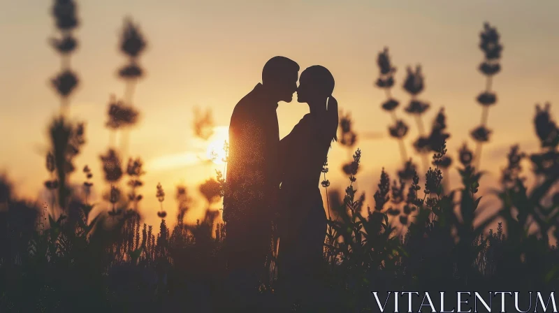 Romantic Sunset Silhouette of Kissing Couple in Flower Field AI Image