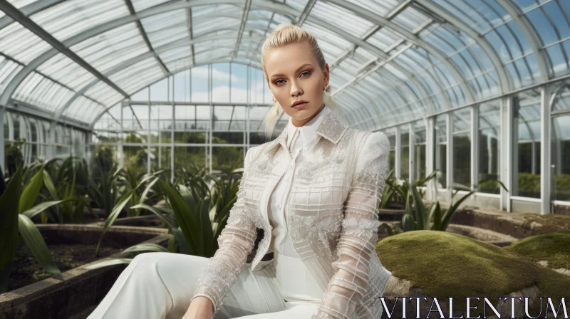 Serious Blonde Woman in White Pantsuit at Greenhouse AI Image