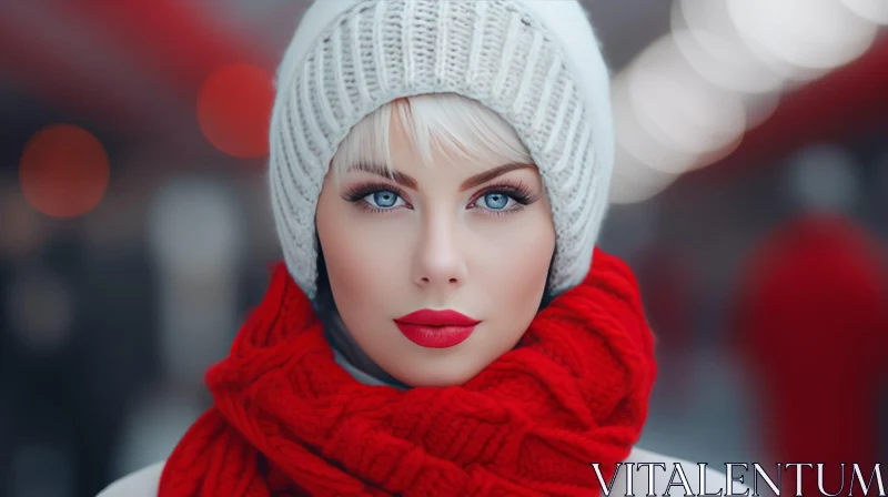 Serious Expression: Young Woman in White Hat and Red Scarf AI Image