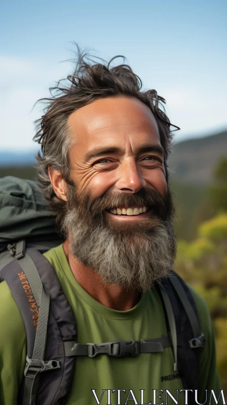 Smiling Man in Field with Mountain View AI Image