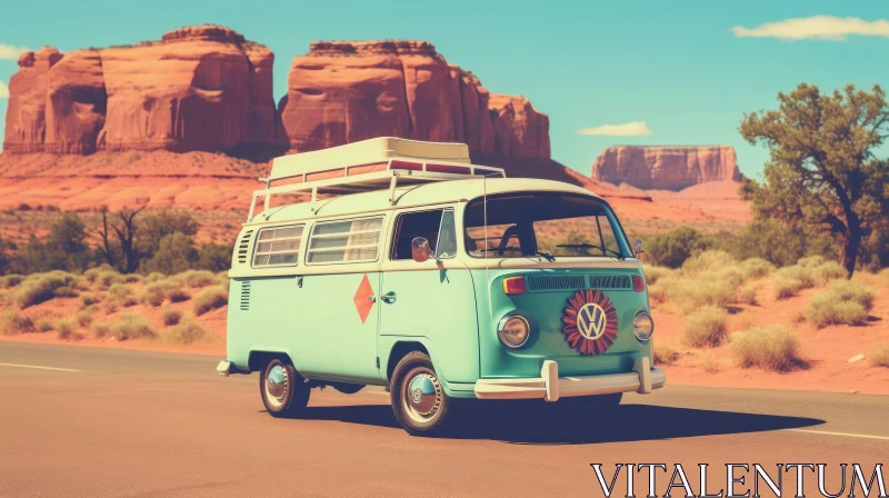 Vintage Blue Van Driving on Desert Road AI Image
