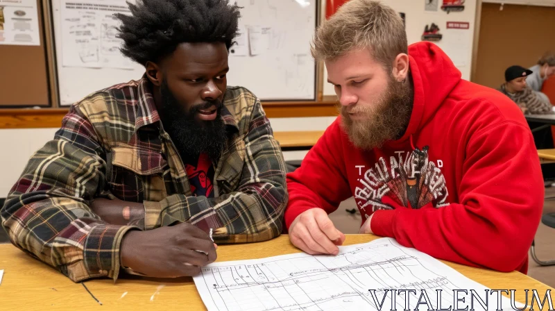 Architectural Collaboration: Two Men Studying Blueprint Intently AI Image