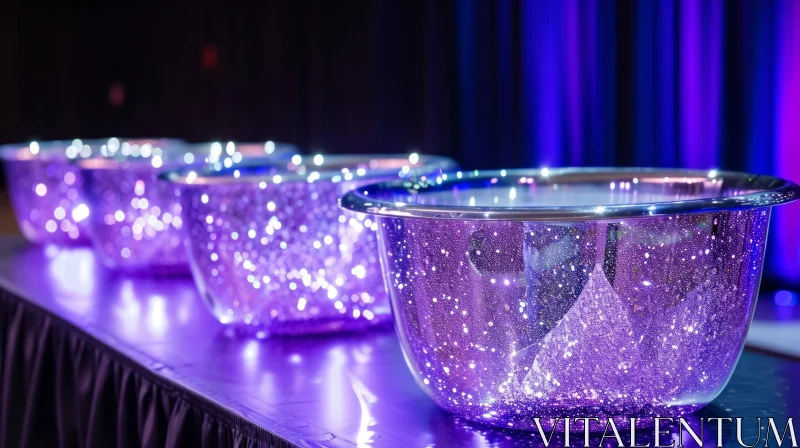 Ethereal Silver Bowls on Dark Blue Table - Abstract Art AI Image