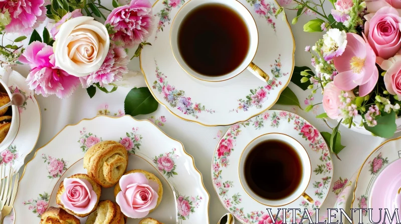 Exquisite Table Set for Afternoon Tea | Floral Pattern | Delightful Pastries AI Image