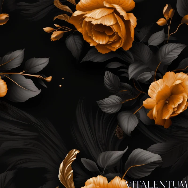 Golden Roses Floral Pattern on Dark Background AI Image