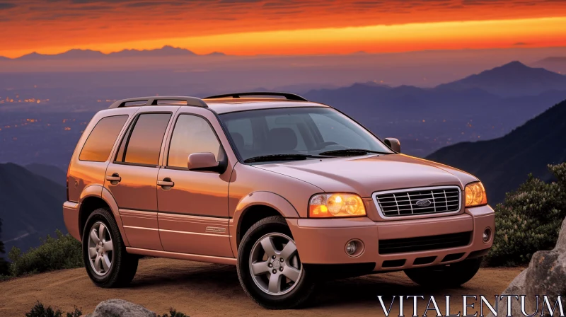 Intricate Patterns and Delicate Lines: A Pink SUV Against Majestic Mountains AI Image