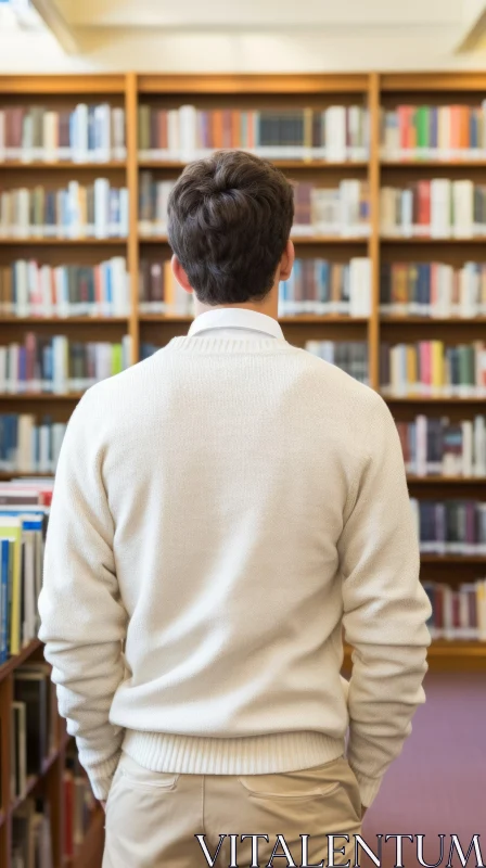 Man in Library Contemplating Knowledge AI Image