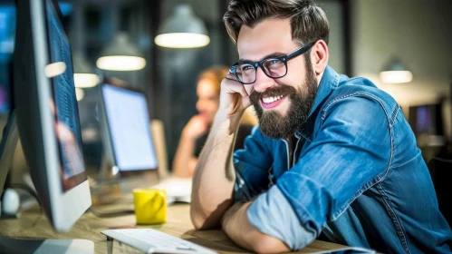 Smiling Bearded Man in Office - Blue Jeans Shirt