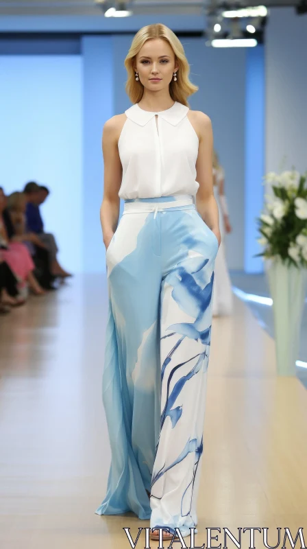 Stylish Fashion Runway Model in White Blouse and Blue Pants AI Image