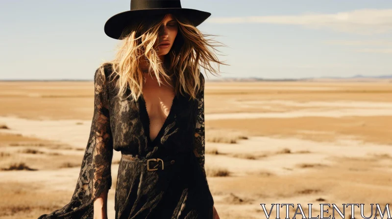Stylish Woman in Black Lace Dress Walking in Desert Landscape AI Image