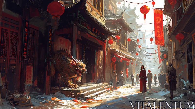 Traditional Chinese Street Covered in Snow AI Image