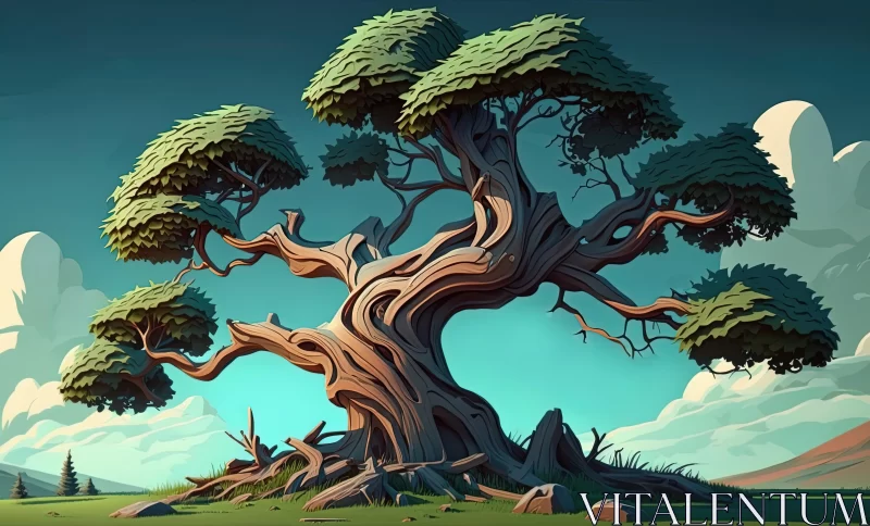 Vibrant Cartoonish Tree on Hill: Detailed Character Design AI Image